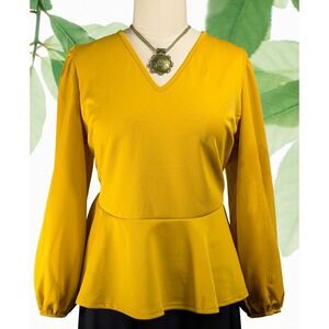 Ashley Stewart Sz 18/20 Women's Mustard Bishop Sleeve Peplum V Neck Top Stretch